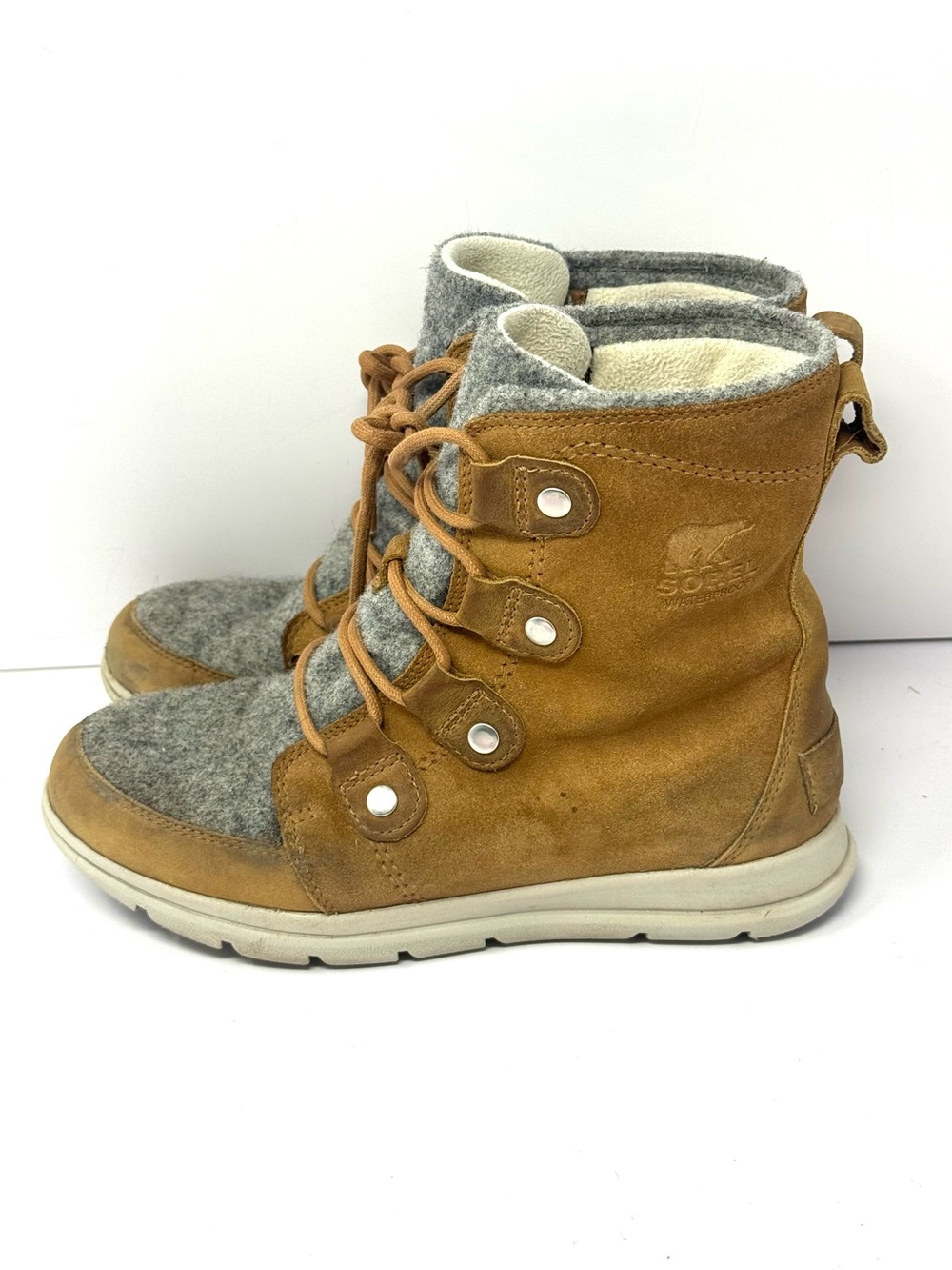 Sorel Explorer II Joan Waterproof Boots Sz 8 Brown Suede Gray Wool Lace Up